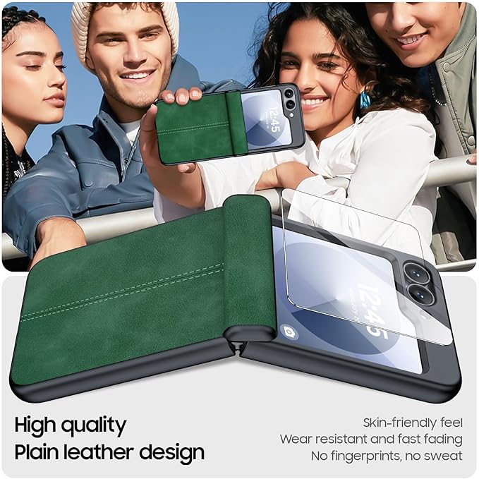 for Samsung Galaxy Z Flip 6 Case/Z Flip 7 FE Case with Hinge Protection & Built-in Screen Protector, Ultra Thin Leather Shockproof Cover Phone Case for Galaxy Z Flip 6/Z Flip 7 FE-Green