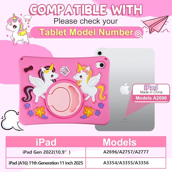 HianDier for iPad A16 Case 11th 2025 iPad 10th Generation Case for Kids Cute Unicorn Silicone Tablet Cover with Detachable Strap and Rotatable Stand Shockproof Cover for iPad 11inch 10.9inch-Rose Pink