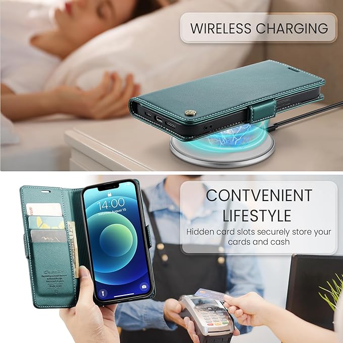 for iPhone 12/12 Pro Case, Premium PU Leather Wallet Case Flip Cover with [RFID Blocking][Card Holder][Stand Function] Shockproof Protective for iPhone 12 Pro/12, Blue-Green