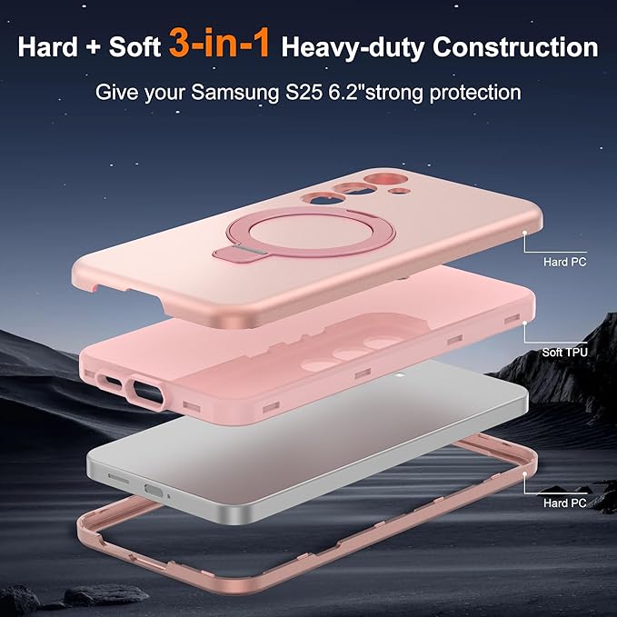 Designed for Samsung Galaxy S25 Case with Magnetic Ring Stand [Compatible with Mag-Safe][Military Grade Drop Protection][Build in Kickstand] Shockproof Galaxy S25 Phone Case 6.2",Rose Gold