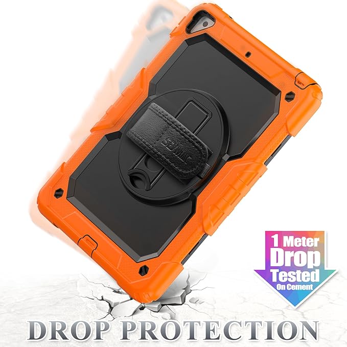 SEYMAC stock Case for iPad Air 3 2019 / Pro 10.5'' with Screen Protector Pen Holder [360° Rotate Hand Strap/Stand], Drop-Proof Case (Black+Orange)