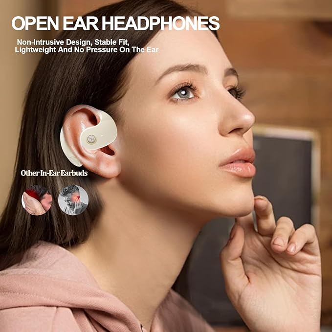 Open Ear Headphones Wireless Bluetooth 5.4, Air Conduction Wireless Bluetooth Earphone, OWS Hanging Earphones with Earhooks and Mic, Open Ear Earbuds IPX5 Waterproof for Sports Gaming Driving(Khaki)