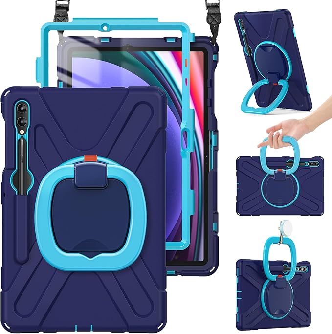 BRAECN Case for 12.4” Samsung Galaxy Tab S10+/ S9 FE+/ S9+/ S8+/ S7 FE/S7+ Plus, Rugged Silicone Cover w/S Pen Holder, Screen Protector, Handle Grip/Kickstand, Shoulder Strap, Navy Blue
