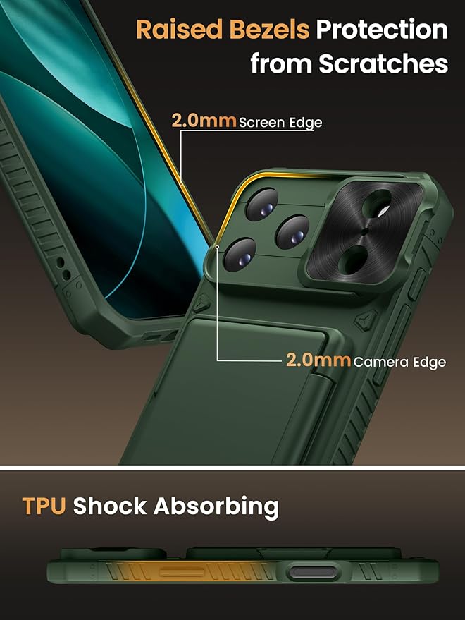 Vihibii for iPhone 17 Pro Max Case with Card Holder (4 Cards) [RFID Blocking] & Slide Lens Cover, Military Grade Drop Protection, Rugged Hard Back & Silicone Edge Wallet Phone Case 6.9" 5G 2025, Green