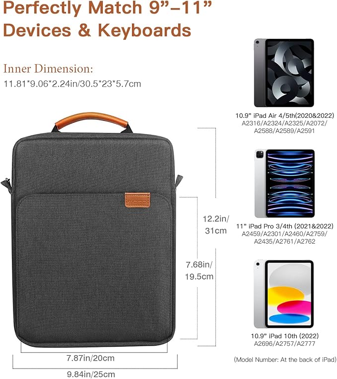 MoKo 9-11 Inch Tablet Sleeve Bag Handle Carrying Case with Shoulder Strap Fits iPad Pro 11 inch,iPad 10th 10.9,iPad 9/8/7th Generation 10.2,iPad Air 5/4th 10.9,iPad 9.7,Tab S8/S9 11", Black & Gray
