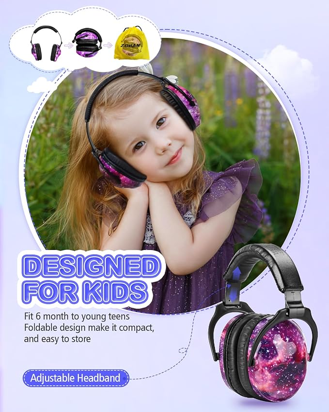 ZOHAN Kids Ear Protection 2 Pack, Hearing Protection Safety Ear Muffs for Children Have Sensory Issues, Adjustable Noise Reduction Earmuffs for Concerts, Fireworks(Nebula&Rap)