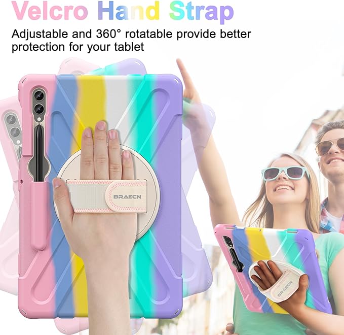 BRAECN for Galaxy Tab S10 Plus Case 2024&S9 FE Plus/S8 Plus/S7 Plus /S7 FE 12.4 Inch,Heavy Duty Shockproof Case with S Pen Holder&360 Rotating Hand Strap/Kickstand/Shoulder Strap for Tab S10+,Rainbow