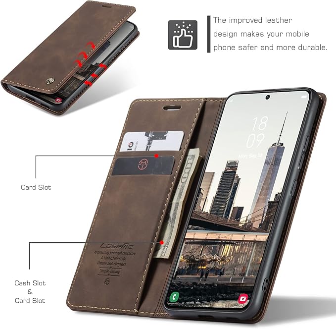 for Samsung Galaxy S22 Case, Flip Wallet Leather Case with Card Holder Magnetic Closure Shockproof Kickstand Protective Phone Cases Cover for Samsung S22,Coffee