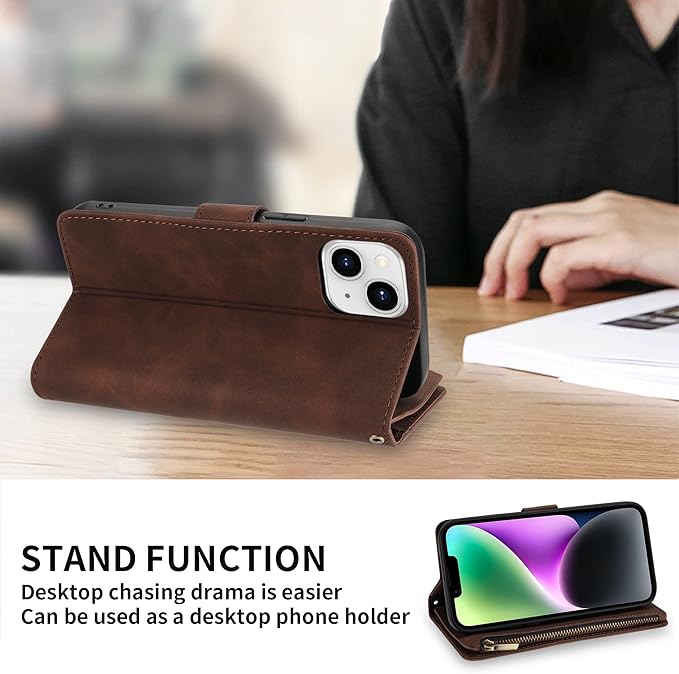 ZZXX for iPhone 14 Case Wallet with [RFID Blocking] Card Slot Premium Soft PU Leather Zipper Flip Folio with Wrist Strap Kickstand Protective Phone Cover for iPhone 14 Wallet Case(Coffee-6.1 inch)