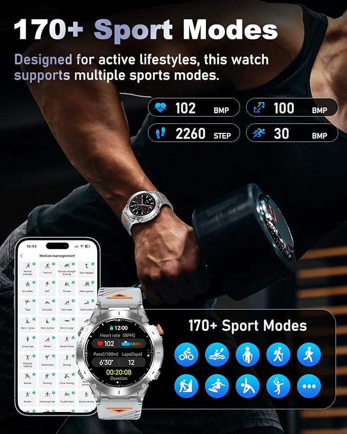 GPS Military Smart Watch for Men with Bluetooth Call, 1.43" AMOLED Waterproof Fitness Tracker with Heart Rate/Sleep Monitor/Flashlight, 170+ Sports Modes, 730mAh Battery for Android/iOS