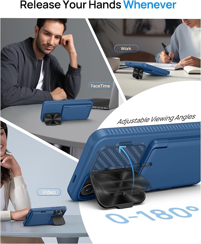 for Samsung Galaxy S24 Fe Case with Card Holder & Kickstand & Camera Lens Cover, Shockproof Rugged Silicone Raised Edge Protective Stand Wallet Phone Cover Case for Samsung S24 Fe 2024, Blue