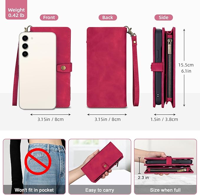 TwoHead for Samsung Galaxy S23 Wallet Case with Card Holder & Detachable Magnetic Phone Case for Galaxy S23,PU Leather Shockproof Protective Phone Cover Wallet with Wrist Strap(6.1 in,Wine Red)