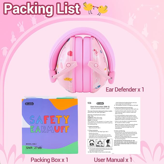 Dr.meter Ear Muffs for Noise Reduction: 27SNR Noise Cancelling Headphones for Kids Adults - Toddler Kids Ear Protection for Monster Truck, Autism Sensory, Mowing, Concerts, Fireworks- Pink