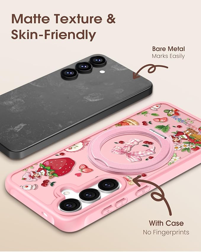 for Samsung Galaxy S25 Case with 360° Rotatable Magnetic Ring - Compatible with MagSafe, Semi-Transparent Soft-Touch Material Shockproof, Cute Pink Strawberry Design for Women Girl