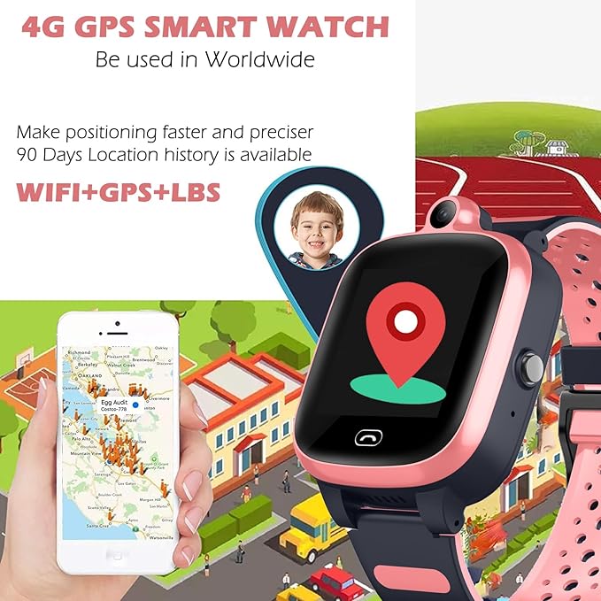 TEZILON Kids 4G GPS Smart Watch Worldwide Real-Time Tracking Phone Video Call Text Waterproof SOS Emergency Alarm Voice Message Camera Geo-Fence Pedometer Anti-Lost GPS Tracker 3-15 Girls Present