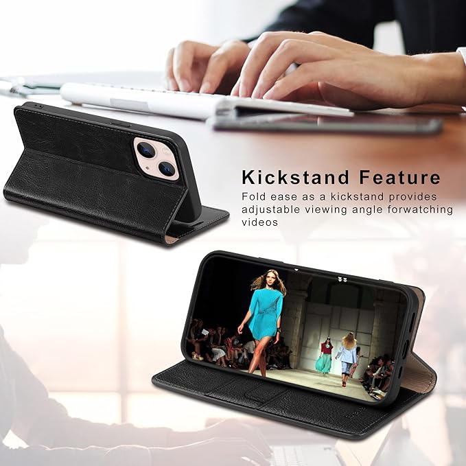 Belemay Compatible with iPhone 14 Plus Wallet Case-Genuine Leather Flip Phone Case-RFID Blocking Card Holders-Shockproof TPU Shell Folio Cover Women Men Compatible with iPhone 14 Plus (6.7-inch) Black