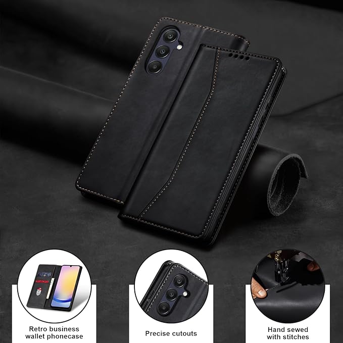 Jasonyu Flip Wallet Case for Samsung Galaxy A25 5G,Leather Magnetic Folio Cover with Card Holder,Kickstand - TPU Shockproof Durable Protective Phone Case,Black