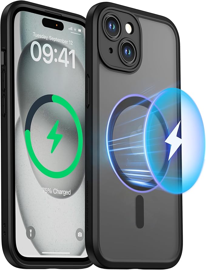 ImpactStrong Magnetic Guard Designed for iPhone 15 Case [Camera Protection] [Military Grade Drop Tested] [Compatible with MagSafe] Slim Translucent Matte Phone Case (6.1") - Black