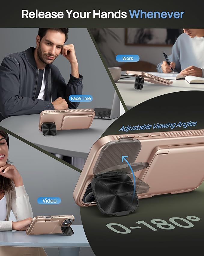 for iPhone 16 Plus Case with Card Holder & Camera Lens Cover & Stand, Military Grade Drop Protection Shockproof Rugged Kickstand Wallet Protective Phone Case for iPhone 16 Plus 2024, Rose Gold