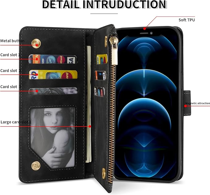 ZZXX for iPhone 12 Pro Max Wallet Case with Card Slot Premium Soft PU Leather Zipper Flip Folio Wallet with Wrist Strap Kickstand Protective for iPhone 12 Pro Max Case Wallet(Black 6.7 inch)