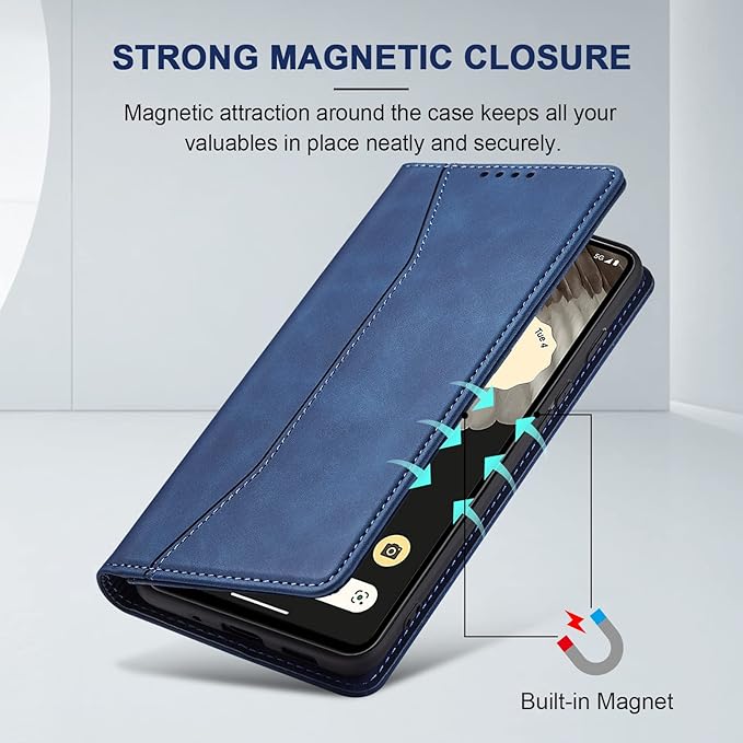 Jasonyu Flip Wallet Case for Google Pixel 7 Pro 5G,Leather Magnetic Folio Cover with Card Holder,Kickstand - TPU Shockproof Durable Protective Phone Case,Blue