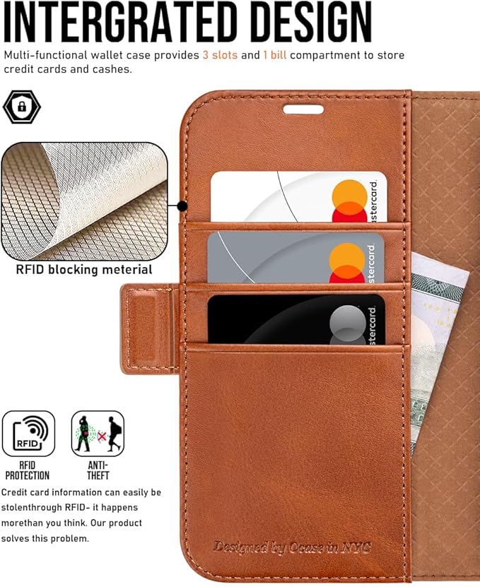OCASE Compatible with iPhone 16 Wallet Case, PU Leather Flip Folio Case with Card Holders RFID Blocking Kickstand [Shockproof TPU Inner Shell] Phone Cover 6.1 Inch 2024, Retro Brown
