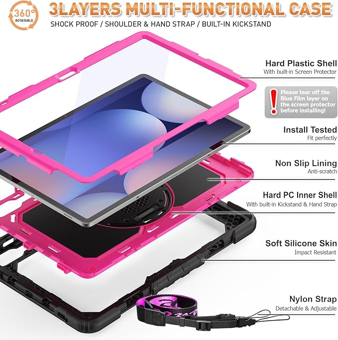 Timecity Case for Samsung Galaxy Tab S10 Plus/ S9 FE Plus/ S9 Plus 5G Tablet 12.4'' Case - Heavy Duty Protective Cover with Screen Protector, Stand, Shoulder Strap & S Pen Holder, Kids-Friendly, Rose