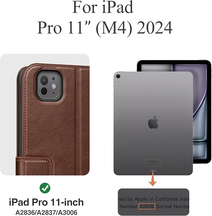 auaua Case for iPad Pro 11 Inch (M4) 2024 5th Gen (Model: A2836/A2837/A3006), with Pencil Holder and Pocket, Multiple Angles Viewing, Magnetic Closure, Auto Sleep/Wake (Brown)