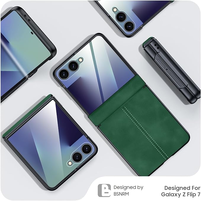 for Samsung Galaxy Z Flip 7 Case with Hinge Protection & Built-in Screen Protector, Ultra Thin Stylish Leather Matte PC Durable Shockproof Cover Phone Case for Galaxy Z Flip 7-Green