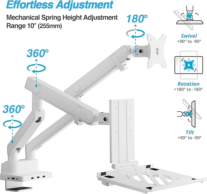 AVLT Dual 17”-38" Monitor Arm Desk Mount with 17" Laptop Tray and USB-C Docking Station, HDMI 4K60Hz, USB-A 5Gbps, Ethernet, 100W PD, Fits Two Flat/Curved Monitor - White