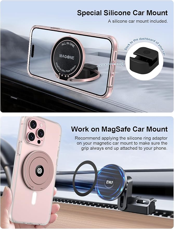 EWA MagOne Ultra (Plate Edition) Phone Grip Stand with Leather Finger Strap, Removable Magnetic Ring Holder Kickstand Loop, Double-Sided Magnetic Accessories for Phone-Rosegold