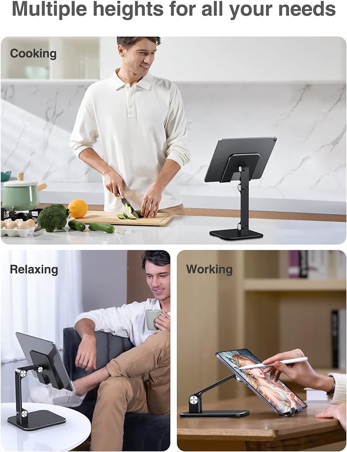 elitehood Aluminum iPad Stand for Desk [Ultra-Stable & Sturdy], Height Adjustable Tablet Stand, Portable Tablet Holder Dock for Home Office, Compatible with iPad Pro 12.9, iPad Air Mini 6 5 4 3, Black