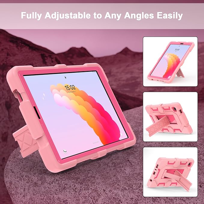 CCMAO Case for Samsung Galaxy Tab A9 Case 8.7 Inch 2023 Model (SM-X110/X115/X117), Heavy Duty Shockproof Hybrid Three Layer Protective Cover for Kids Boys Girls, Rose Gold+Rose