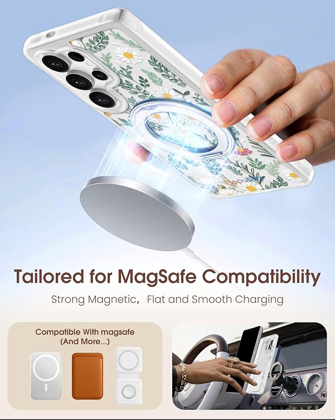 for Samsung Galaxy S25 Ultra Case with 360° Rotatable Magnetic Ring - Compatible with MagSafe, Semi-Transparent Soft-Touch Material Shockproof, Cute Daisy Flower Design for Women Girl