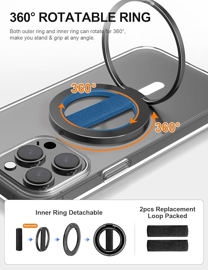 EWA MagOne Ultra for Magsafe Phone Grip Kickstand [Replaceable Elastic Finger Loop], Mag Safe Ring Holder Stand, Two-Sided Magnetic Phone Accessories for iPhone 17,16,15,14,13,12 Pro/Max/Plus-Black