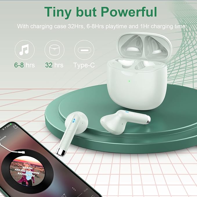 Wireless Earbuds, Bluetooth 5.4 Earbuds Stereo Bass, Bluetooth Headphones in Ear with Noise Cancelling Mic, Earphones IP7 Waterproof Sports, 32H Playtime USB C Charging Green Ear Buds for Android iOS