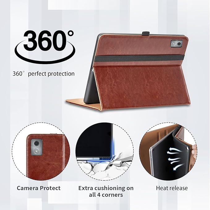 Case for Lenovo Tab K11 Plus 11.45 Inch 2024 - PU Leather Business Folio Protective Cover with Hand Strap and Pocket, Brown