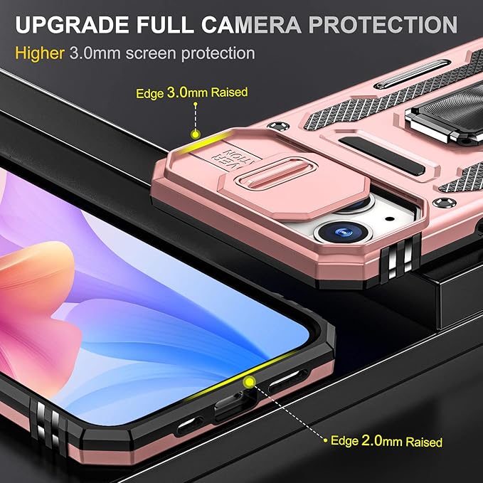 Phone Case for iPhone 14 Case with Camera Cover, with Ring Holder Kickstand, with Magnetic Car Mount Function, for iPhone 14 (Rose Gold)