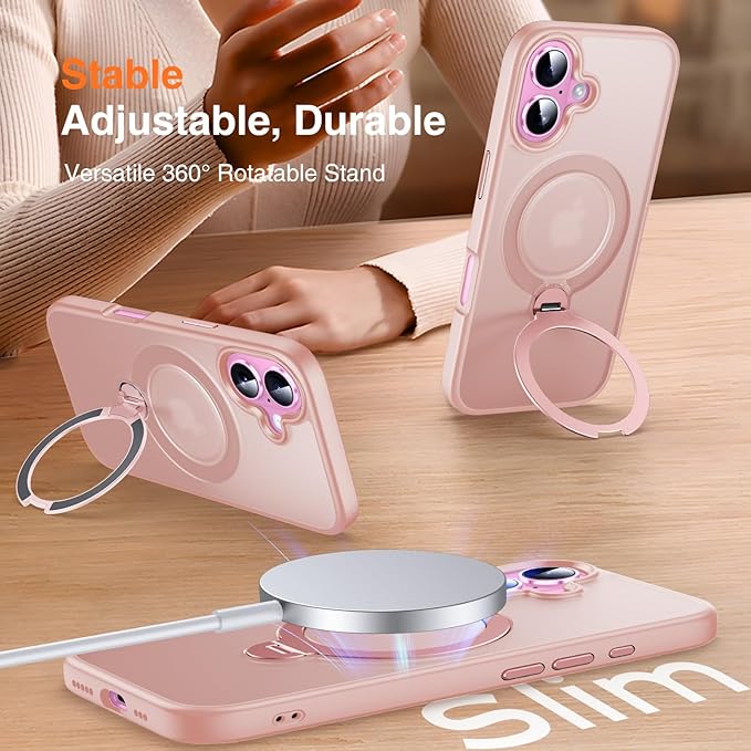 360° O-Ring MagStander for iPhone 16 Case with Magnetic Kickstand Ring Holder [Compatible with MagSafe][360°Rotate Stand Ring][Military Shockproof] Magnet iPhone 16 Phone Cover Matte Pink