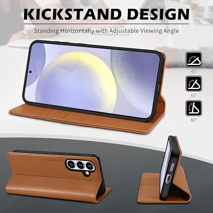 SHIELDON Case for Galaxy S25 5G 2025, Genuine Leather Wallet Case with Kickstand RFID Blocking Card Holder Magnetic Shock Absorbing Cover Compatible with Galaxy S25 6.2" - Nappa Saddle Brown