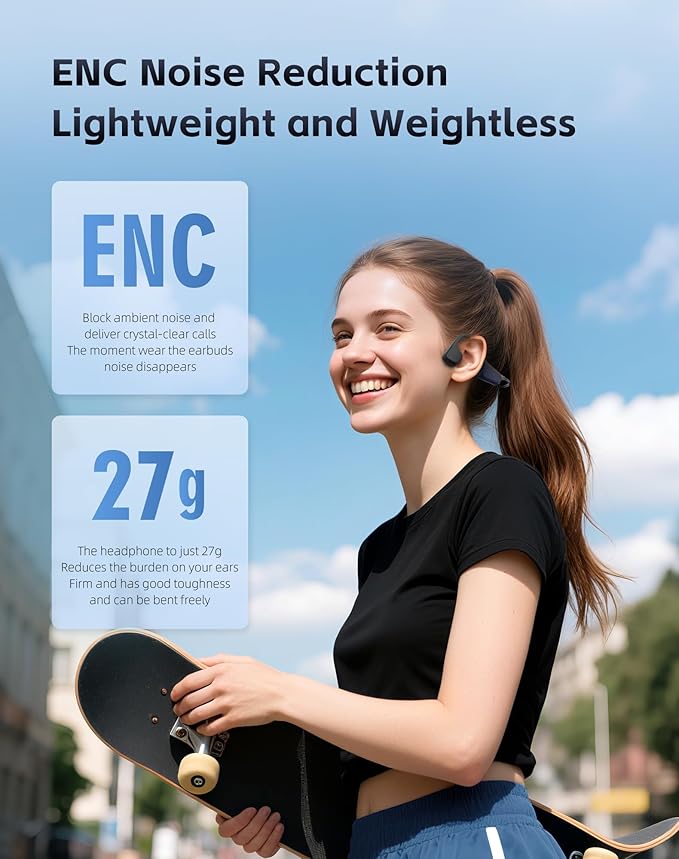 Open-Ear Bone Conduction Headphones, HiFi Dual Stereo Bluetooth Earbuds with Mic, Wireless Earphones Noise Cancelling, 18H Playtime, 27g Lightweight Comfort Headset for Running Cycling (Orange)