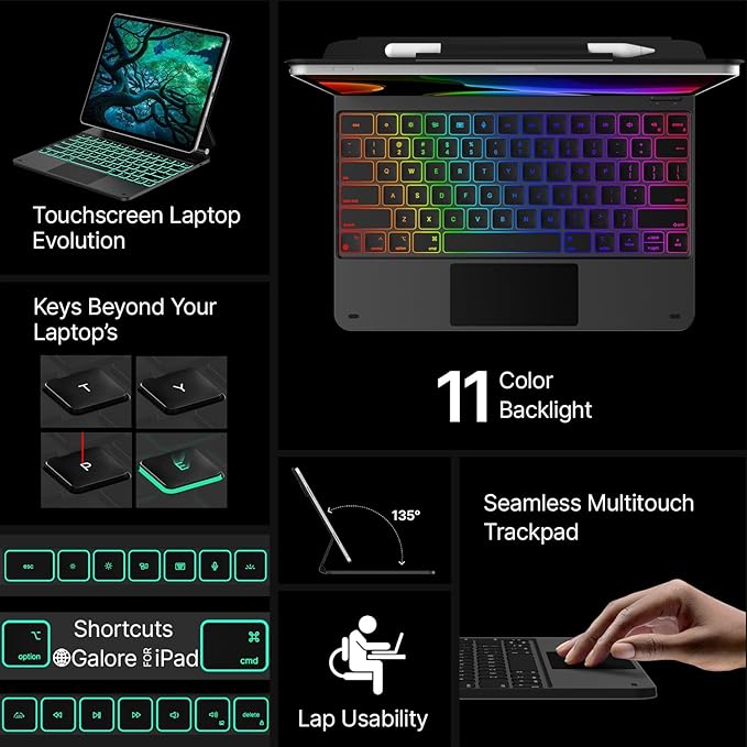 typecase Keyboard Case for iPad Air 13(M3 2025 / M2 2024) and iPad Pro 12.9 (6th, 5th, 4th, 3rd Gen),Magic Keyboard for iPad Pro 12.9,Keyboard Case with Multi-Touch Trackpad, 11 Colors Backlight,Black