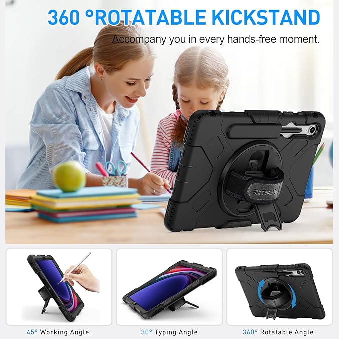 SUPFIVES Case for Samsung Galaxy Tab S10 Plus 12.4 Inch 2024: Tab S9 Plus 12.4 Case with Screen Protecor/S-Pen Holder/Handle/Rotating Kickstand/Shoulder Strap- Black