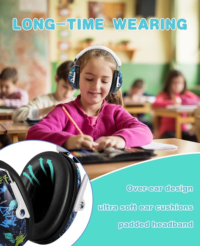 PROHEAR 032 Kids Ear Protection Safety Ear Muffs, NRR 25dB Noise Reduction Childrens Earmuffs, Adjustable Headband Hearing Protectors for Sports Events, Concerts, Racing, Airports - Graffiti Pattern