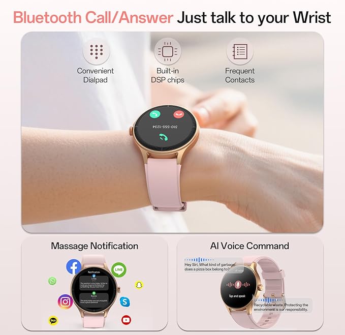 Smart Watches for Women,1.27" HD Touchscreen SmartWatch(2 Bands) with Bluetooth Calls (Make/Answer),Fitness Tracker with Heart Rate/Sp02/Sleep Monitor,110+ Sport Modes (Pink, 1.27)