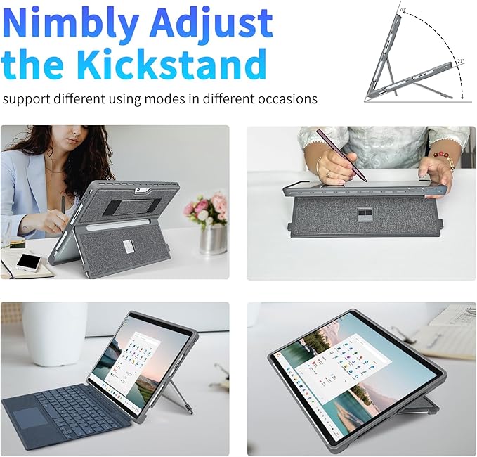 Case fit Microsoft Surface Pro 11/10/9/8 13-Inch, with Stent Cover, Hand Strap, All-in-one Rugged Case Compatible with Type Cover Keyboards, Gray