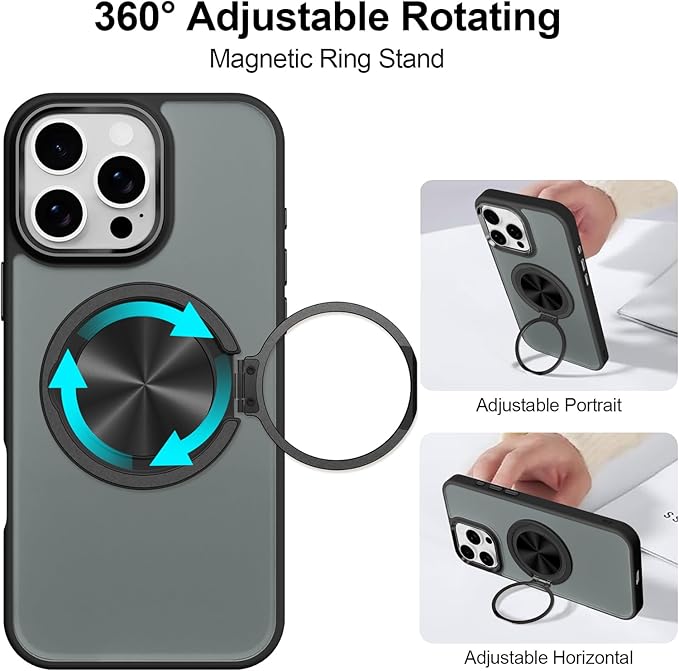 ZIYE Black Case for iPhone 16 Pro Case with Stand [Compatible with MagSafe] Slim Heavy Duty Protection Military Grade Shockproof Magnetic Cover with 360 Rotatable Ring Kickstand for Women Men