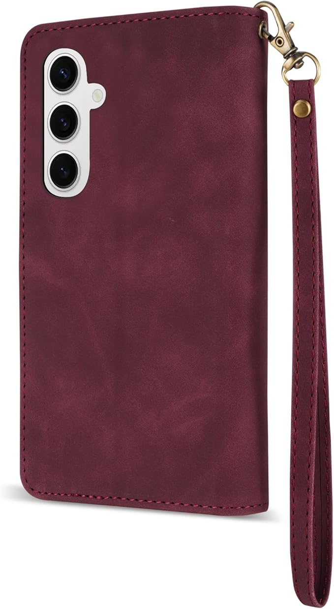 ZZXX for Samsung Galaxy S24 Wallet Case with RFID Blocking Card Slot PU Leather Zipper Flip Folio with Strap Kickstand Protective Cover for Samsung Galaxy S24 Case Wallet(Wine Red-6.2 inch)