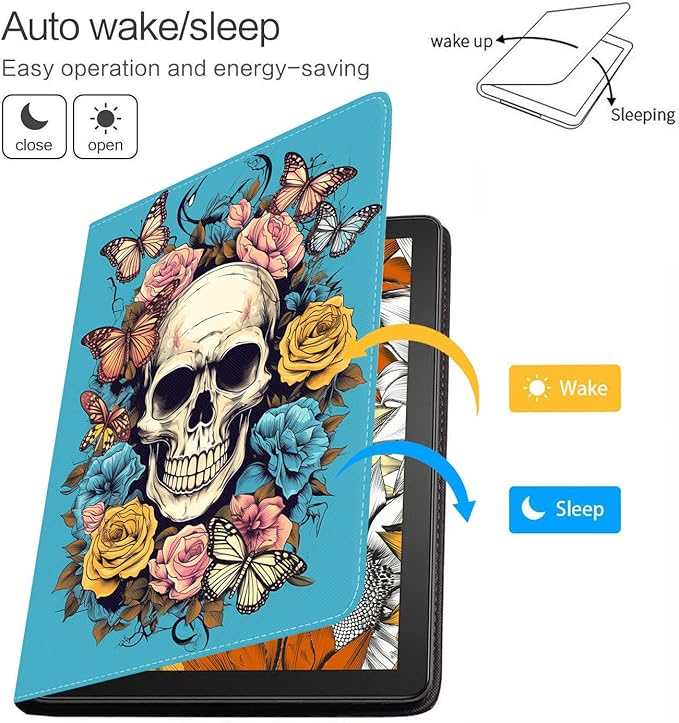 Case for Samsung Galaxy Tab A9 Plus 11 Inch 2023 Model (SM-X210/X216/X218), Slim Lightweight PU Leather Stand Cover with Auto Wake/Sleep, Skull Flower Butterfly