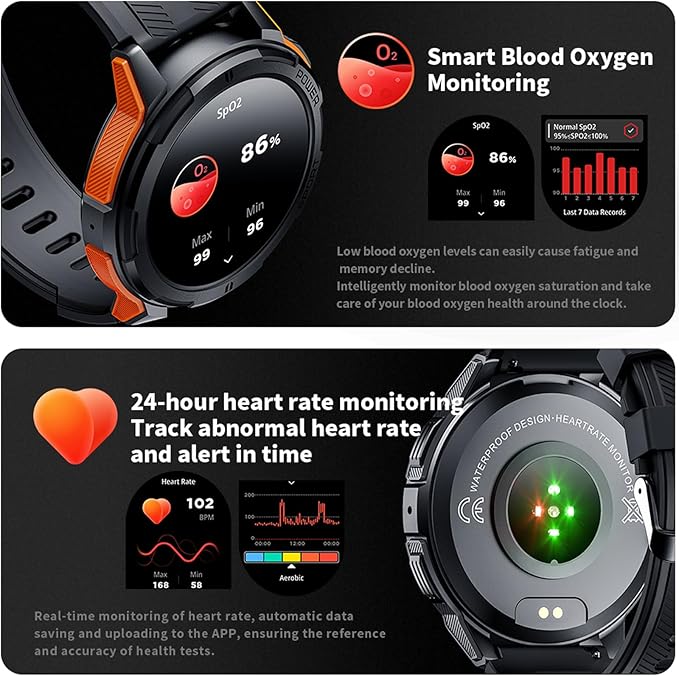 Military-Style Smartwatch for Men,5ATM Waterproof, 1.43" AMOLED HD Display, 123+ Sport Modes, 24/7 Health Monitoring, Answer/Make Calls, for iOS/Android (Orange)